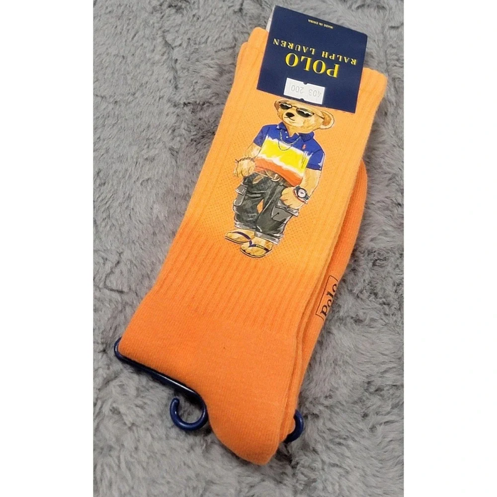 Polo Ralph Lauren Socks Mens 10-13 Orange Summer Beach Shop Bear Crew Mid Calf